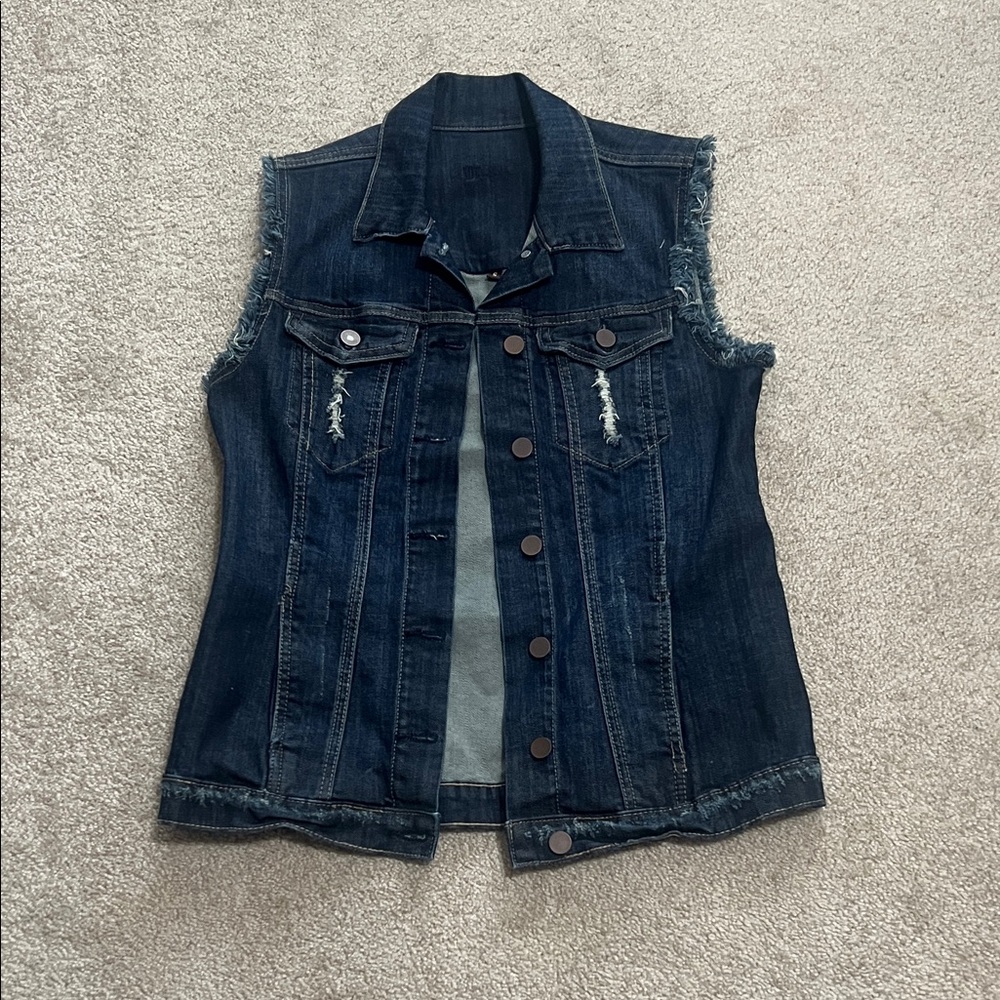Dark Wash Distressed Sleeveless Denim Vest